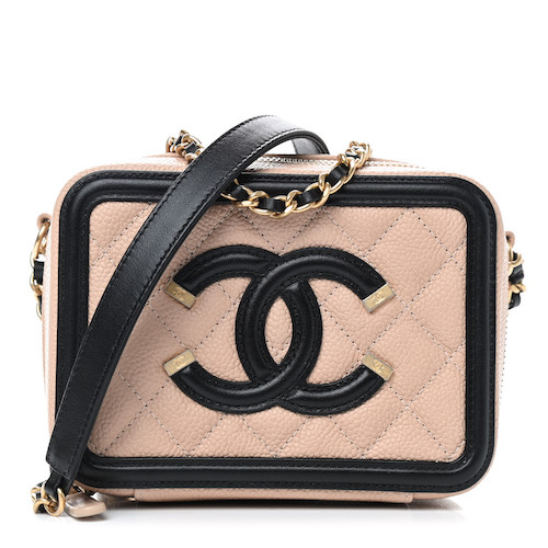 CHANEL Caviar Quilted CC Filigree Vanity Clutch With Chain Beige Black