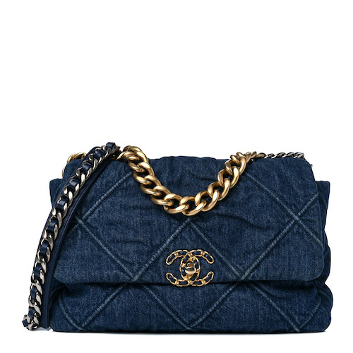 CHANEL Denim Quilted Large Chanel 19 Flap Blue
