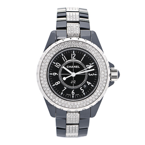 CHANEL Stainless Steel Ceramic Diamond Bezel 33mm J12 Quartz Watch Black