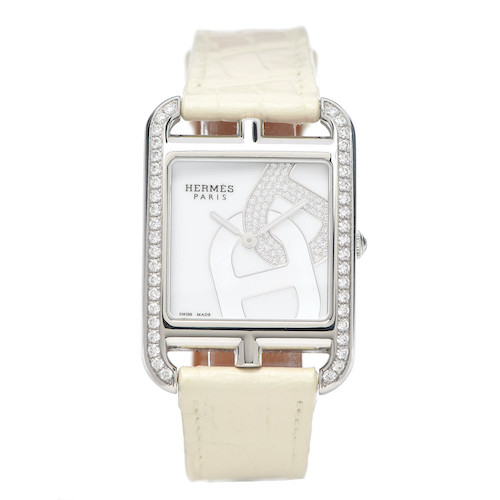 HERMES Stainless Steel Alligator Diamond Mother of Pearl 29mm Cape Cod Chaine d'Ancre Joaillier Quartz Watch White