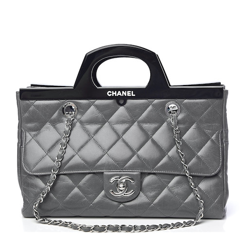 CHANEL Glazed Calfskin Quilted Small CC Delivery Tote Grey vivians closet my first luxury