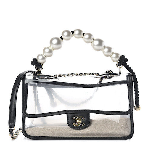 CHANEL Lambskin PVC Sand By The Sea Flap With Pearl Strap Black vivians closet my firs tluxury