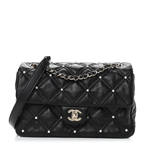 CHANEL Lambskin Quilted Pearl Studded Flap Black vivians closet my first luxury